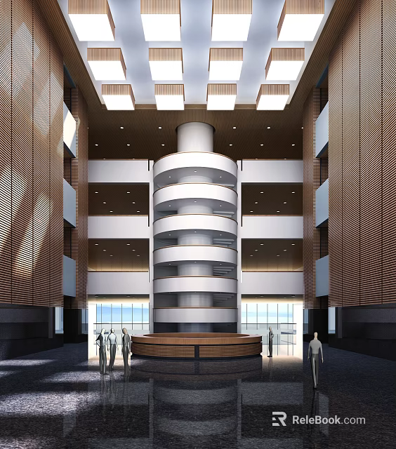 Modern Front Desk Reception Lobby With Central Circular Structure Natural Light And Wooden Panel Walls 3d model 
