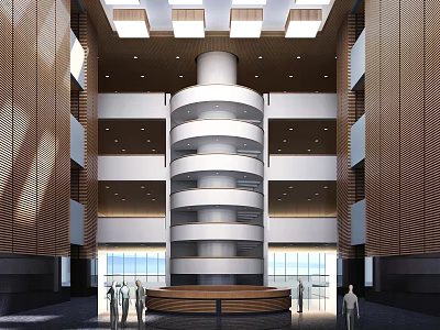 Modern Front Desk Reception Lobby With Central Circular Structure Natural Light And Wooden Panel Walls 3d model
