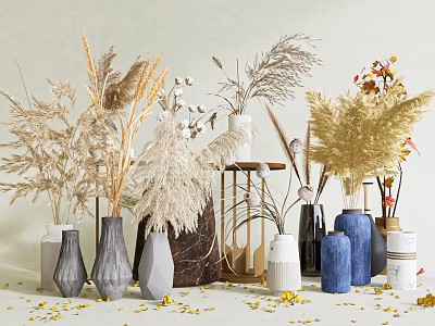 Various Decorative Vases With Pampas Grass Cotton Stems And Dried Flowers Arrangement 3d model