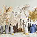 Various Decorative Vases With Pampas Grass Cotton Stems And Dried Flowers Arrangement