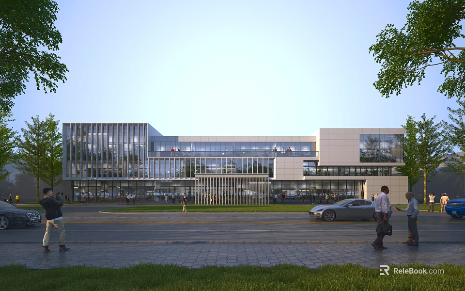 Modern Office Building Exterior With Glass Curtain Wall Surrounded By Trees And Pedestrians Walking 3d model 