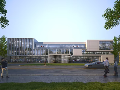 Modern Office Building Exterior With Glass Curtain Wall Surrounded By Trees And Pedestrians Walking 3d model