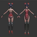 Female 3D Character Model With Pink Bodysuit Bun Hairstyle And High Heels Front Back Views