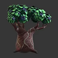 Cartoon Tree Scene With Green Leaves Purple Flowers Patterned Trunk And Decorative Base