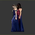 Three Women In Blue Red Off Shoulder Long Dresses With High Slit Against Gray Background
