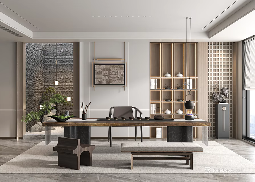 Modern Tea Room Interior With Long Table Tea Sets And Decorations 3d model