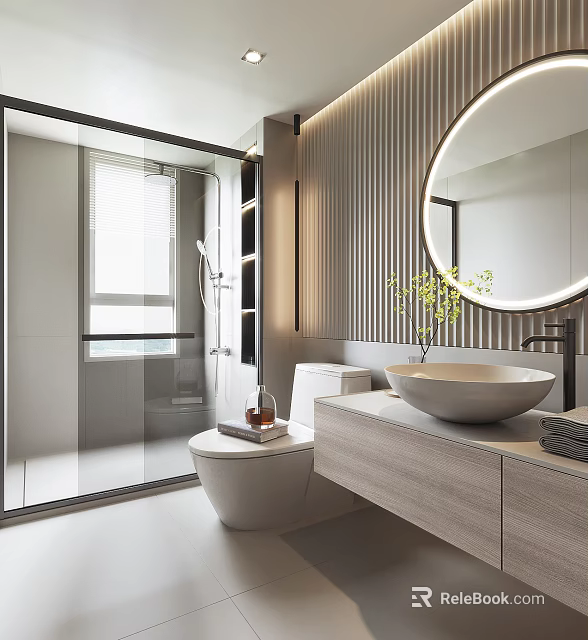 Modern Bathroom Interior With Glass Shower Round Mirror Wooden Vanity And Plant 3d model 