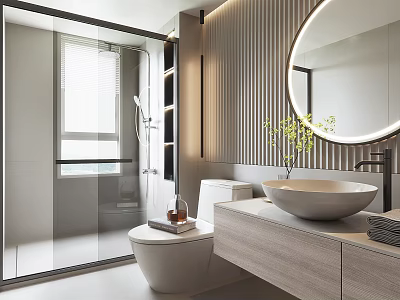 Modern Bathroom Interior With Glass Shower Round Mirror Wooden Vanity And Plant 3d model