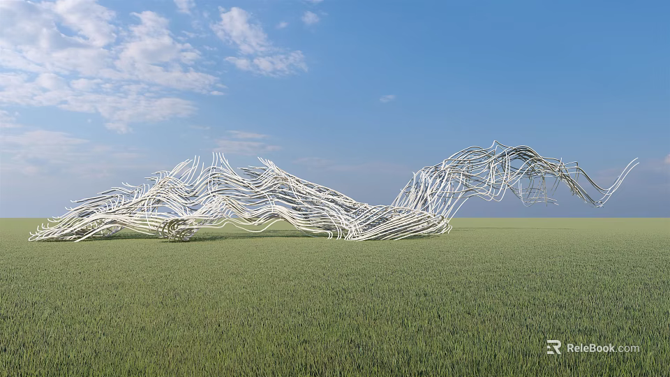 White Curved Branch Like Metal Sculpture In Green Field With Blue Sky Background 3d model 