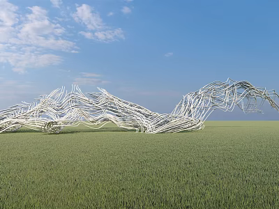 White Curved Branch Like Metal Sculpture In Green Field With Blue Sky Background 3d model