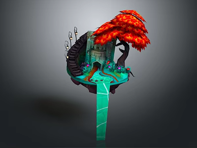 Enchanted Floating Castle Scene With Red Tree Staircase Path Flowers And Green Pillar 3d model