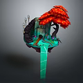 Enchanted Floating Castle Scene With Red Tree Staircase Path Flowers And Green Pillar