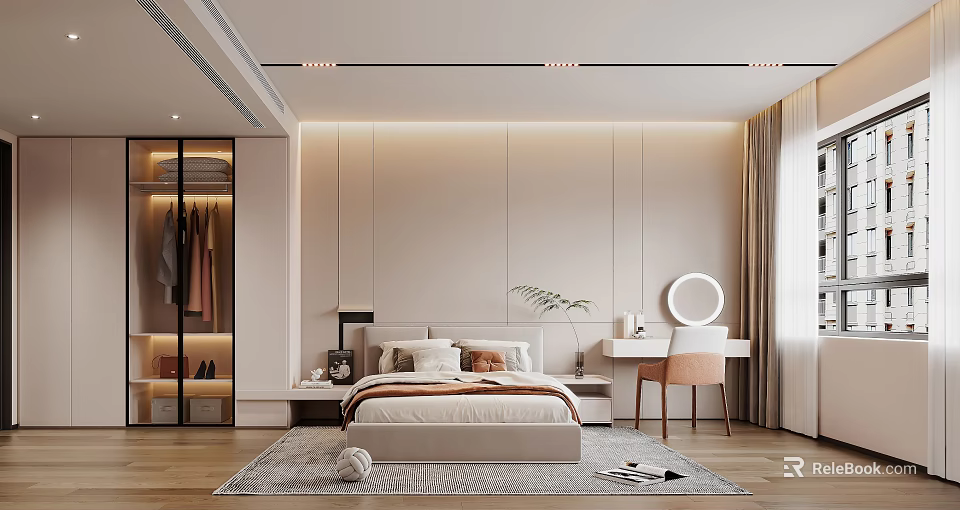 Modern Bedroom Interior With King Bed Built in Wardrobe And Dressing Table 3d model 