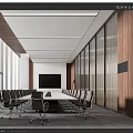 Modern Conference Room Interior With Long Table Chairs Wooden Walls Large Windows And Projector Screen