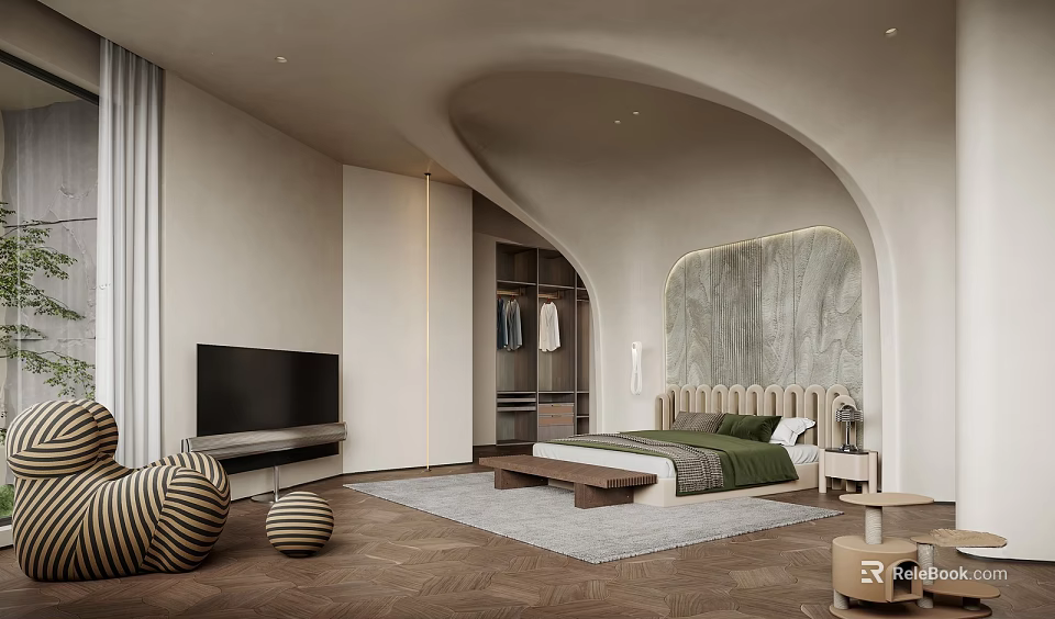 Modern Curved Bedroom Interior With TV Open Wardrobe Green Bedding And Wooden Floor Rug 3d model 