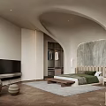 Modern Curved Bedroom Interior With TV Open Wardrobe Green Bedding And Wooden Floor Rug