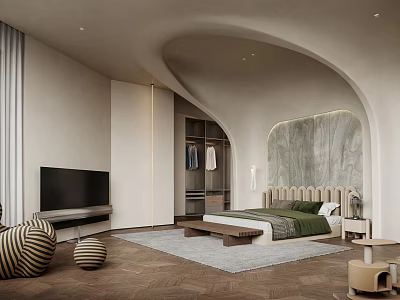 Modern Curved Bedroom Interior With TV Open Wardrobe Green Bedding And Wooden Floor Rug 3d model