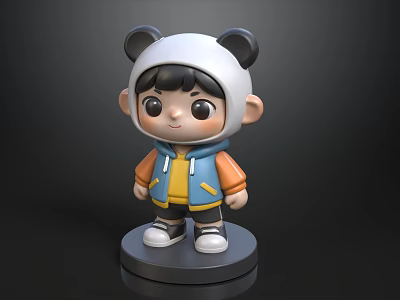 Cute Cartoon Doll With Panda Hat Blue Yellow Hoodie Black Shorts White Shoes Black Base 3d model