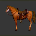 Orange Horse With Brown Saddle And Pink Decorative Reins On Gray Background