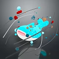 Blue Fish Shaped Creature With Colorful Circles Stripes Stars And Reflection On Dark Background