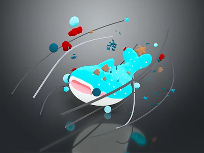 Blue Fish Shaped Creature With Colorful Circles Stripes Stars And Reflection On Dark Background 3d model