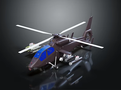 Military Helicopter With Blue Canopy White Rotors And Missiles On Dark Surface 3d model
