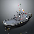 Gray Tugboat With Number 240 Deck Equipment And Flags On Water Surface