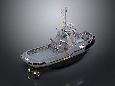 Gray Tugboat With Number 240 Deck Equipment And Flags On Water Surface 3d model