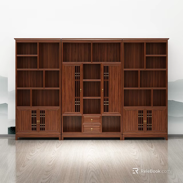 Traditional Chinese Wooden Display Cabinet with Multi Grid Design Central Doors and Bottom Drawers 3d model 