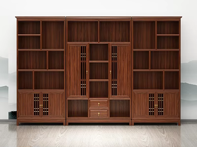 Traditional Chinese Wooden Display Cabinet with Multi Grid Design Central Doors and Bottom Drawers 3d model
