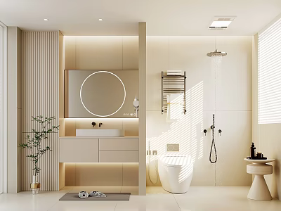 Modern Bathroom Interior With Round Mirror Vanity Toilet Shower And Soft Lighting 3d model