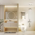 Modern Bathroom Interior With Round Mirror Vanity Toilet Shower And Soft Lighting