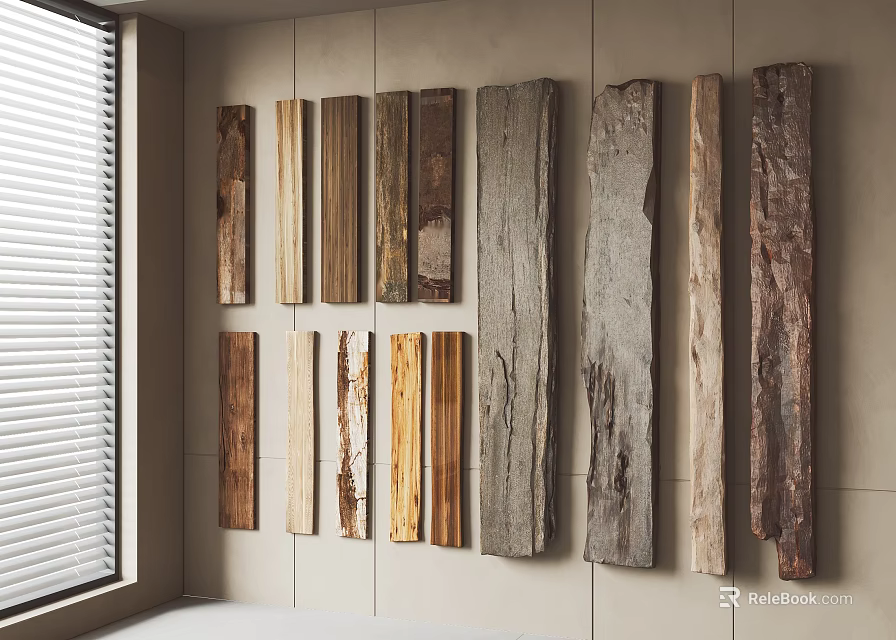Natural Stone Wood Planks With Various Colors And Textures On Wall Near Window Blinds 3d model 