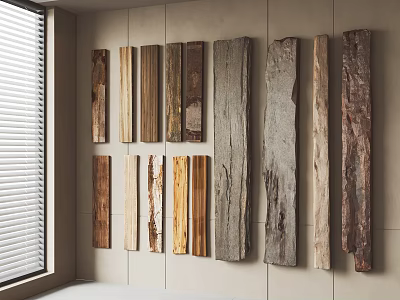Natural Stone Wood Planks With Various Colors And Textures On Wall Near Window Blinds 3d model