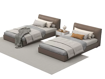 Cozy Single Bed with Brown Headboard Gray Sheets Nightstand Table Lamp and Gray Rug 3d model