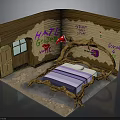 Whimsical Room Interior With Wooden Branch Bed Frame And Graffiti Walls