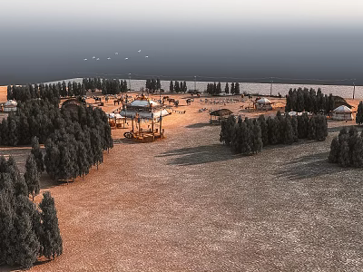 Scenic Outdoor Campsite Area With Tents Surrounding Trees And Open Grassland 3d model