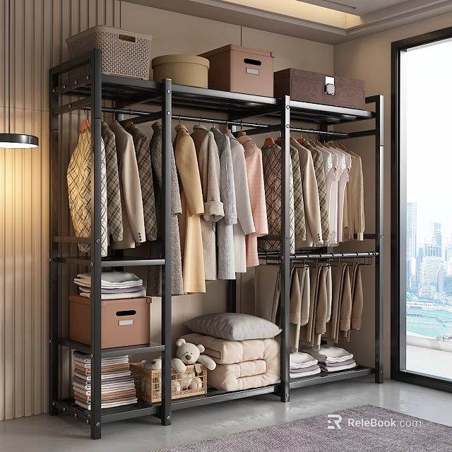 Neatly Arranged Clothes On Open Metal Rack With Storage Boxes And Folded Items 3d model 