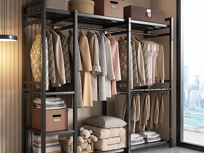 Neatly Arranged Clothes On Open Metal Rack With Storage Boxes And Folded Items 3d model