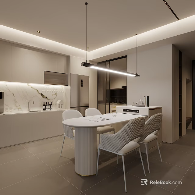 Modern Neutral Tone Dining Room With Elegant Chairs Long Pendant Light And Adjacent Open Kitchen 3d model 