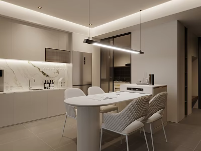 Modern Neutral Tone Dining Room With Elegant Chairs Long Pendant Light And Adjacent Open Kitchen 3d model