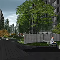 Modern Landscape Walls in Community Park With Seating Area Trees And Pathway