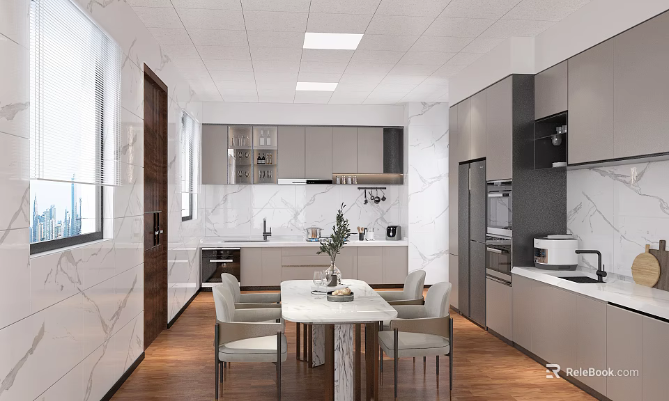 Modern Kitchen Interior With Marble Counter Dining Table And Cabinets 3d model