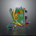 Crispy Golden French Fries With Green Packaging Colorful Decor And Tomato Dip