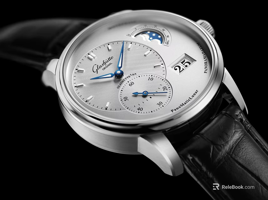 Elegant Luxury Watch With Silver Dial Blue Hands Moon Phase And Black Leather Strap 3d model 