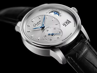 Elegant Luxury Watch With Silver Dial Blue Hands Moon Phase And Black Leather Strap 3d model