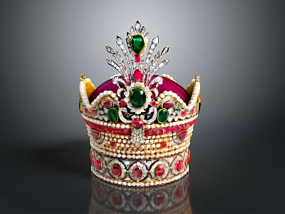 Ornate Crown Decorative Home Accessory Adorned with Diamonds Red Green Gemstones 3d model