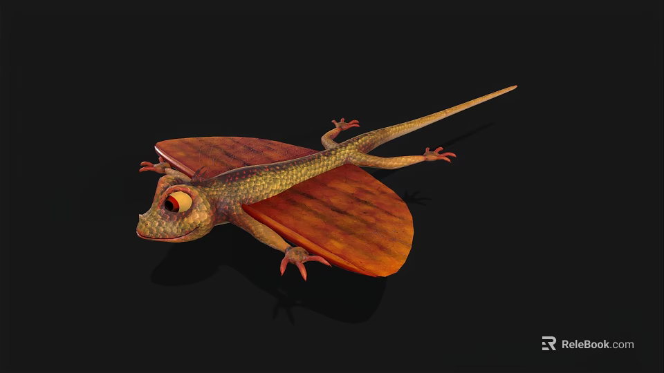 Reptile Flying Lizard With Orange Wing Membranes And Yellow Textured Body On Black Background 3d model 