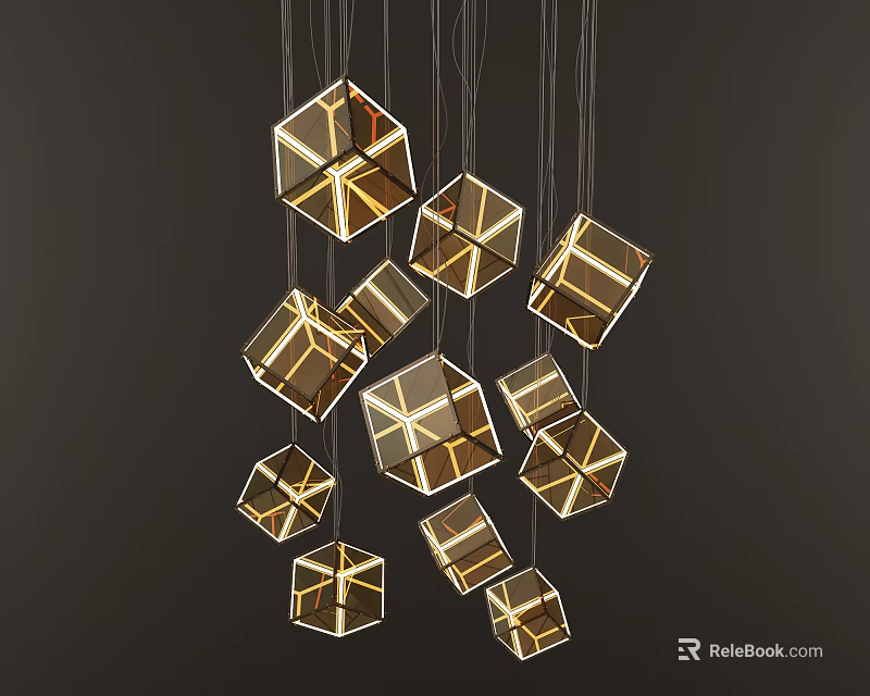 Geometric Metallic Chandeliers Hanging With Illuminated Cubic Shapes On Dark Background 3d model 