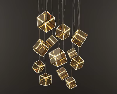 Geometric Metallic Chandeliers Hanging With Illuminated Cubic Shapes On Dark Background 3d model